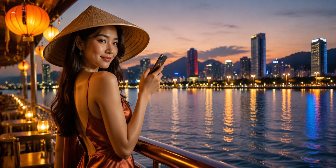 Người phụ nữ đội nón lá tại Đà Nẵng trải nghiệm casino trên điện thoại di động